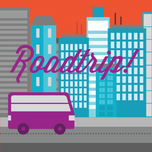 Cartoon thumbnail image featuring bus with city background reading,