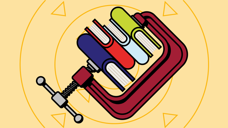 cartoon GIF of a vice clamping down on textbooks