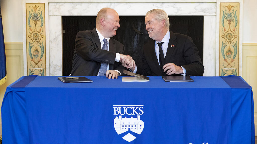 Bucks County Community College President and CEO Patrick M. Jones (left) and Temple President John Fry (right)