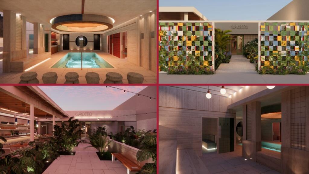 "Renderings of Grotto in Miami's Wynwood arts district: indoor soaking pool, tiled entrance courtyard, patio with plants, and corridor.