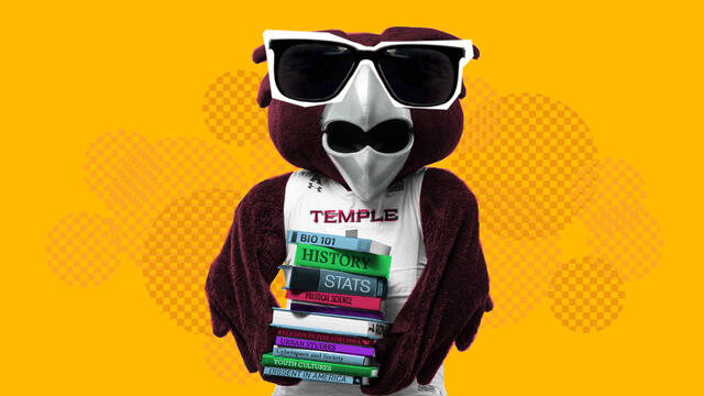 Hooter wearing sunglasses and holding a tall stack of books.