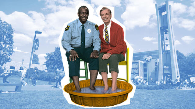 Mister Rogers soaking his feet with Officer Clemmons near the Bell Tower.
