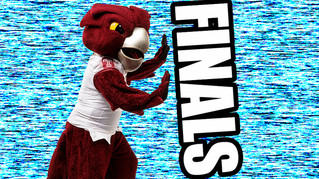 An animated graphic of Hooter pushing away vertical text.