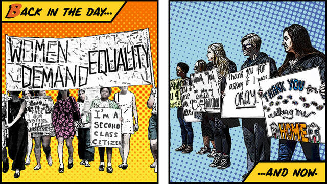 A still image of women s rallies, marches and groups.