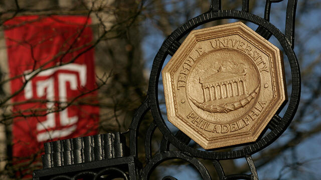the iron gate leading onto Temple's Main Campus and a red Temple