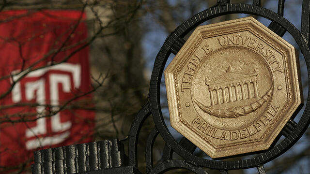 gate with Temple seal with Temple flag in background