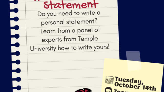 Promotional graphic for a Temple University personal statement event with a notebook page and cartoon owl.