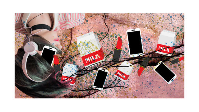 A vine that is growing cartons of milk, lipsticks and cellphones emerging from a woman s head.