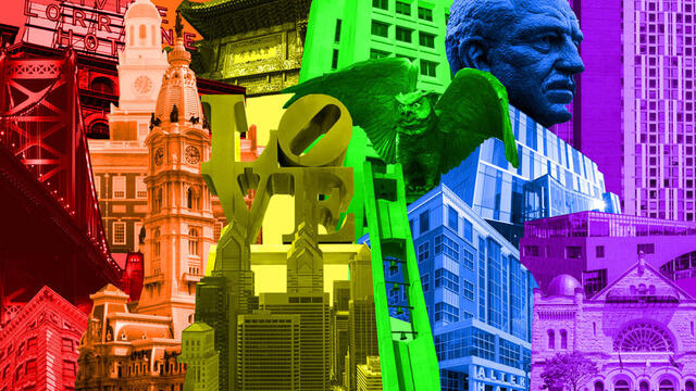 Philadelphia landmarks in rainbow colors