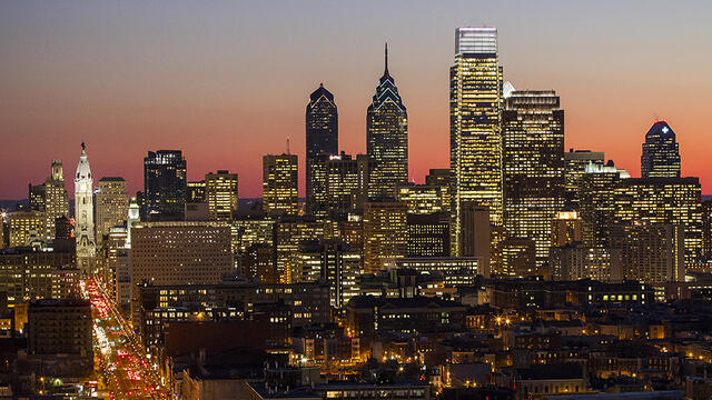 The Philadelphia skyline at sunset.