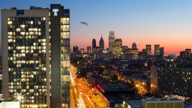 Philadelphia skyline, including Morgan Hall on Temple's Main Campus.