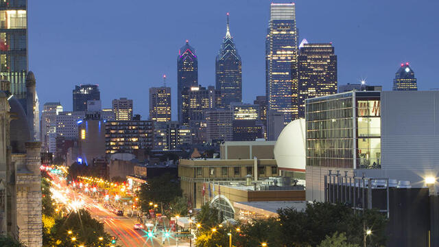 The view of the Philadelphia skyline from Temple s campus.