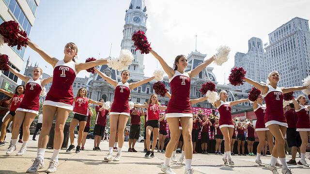 Temple cheerleaders at Philadelphia City Hall.