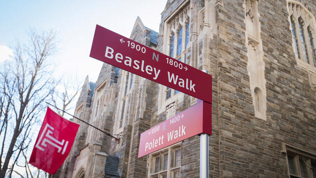 new signs marking Pollett Walk and Beasley Walk on Temple s campus
