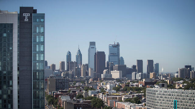 A view of Center City Philadelphia with Temple s Morgan Hall in the foreground
