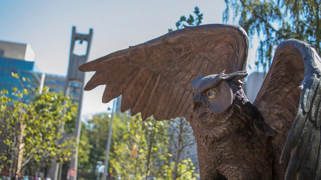 The new owl statue on campus with the Bell Tower in the background