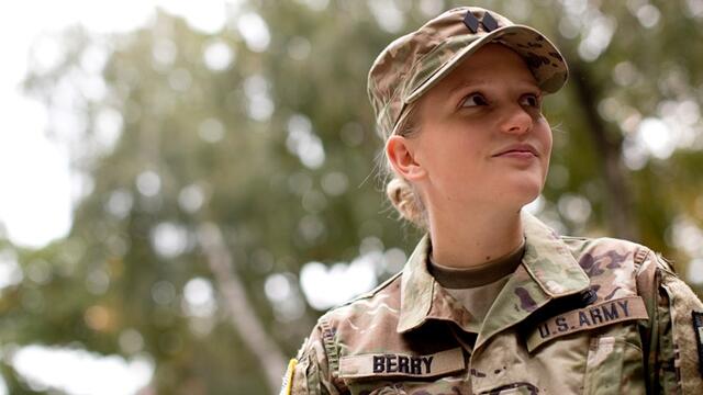 Katherine Berry wearing her Army ROTC uniform on campus
