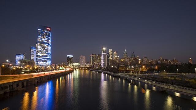 The Philadelphia skyline at night.