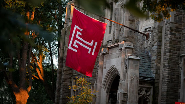 Temple flag outside Sullivan Hall