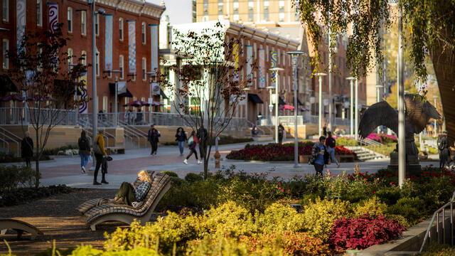 Students along O'Connor Plaza and Liacouras Walk