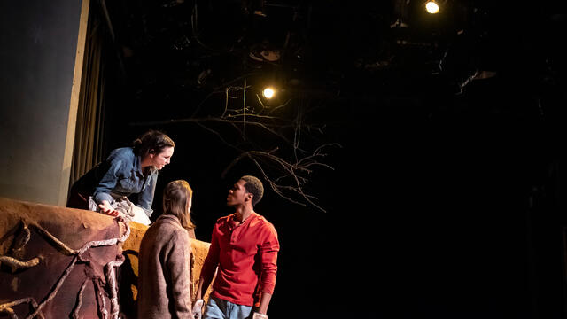 Three MFA students act out a scene from 'Somewhere,' a new play commissioned by Temple Theaters.