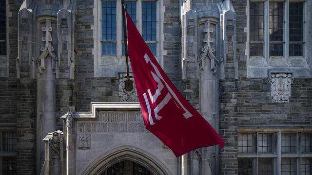 A photo of the Temple flag outside Sullivan Hall.