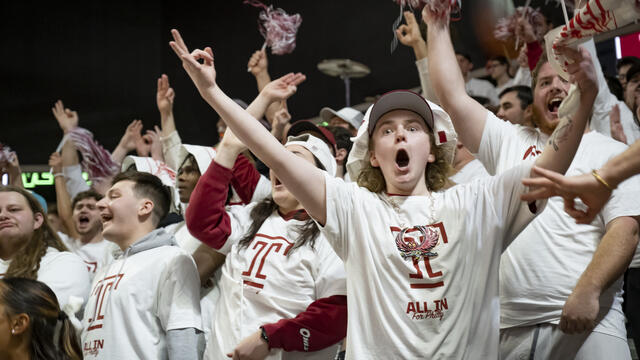 Image of Temple student white-out basketball game.