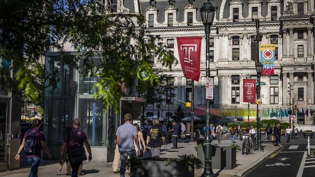 Pedestrians walking outside of TUCC's campus at 15th & Market
