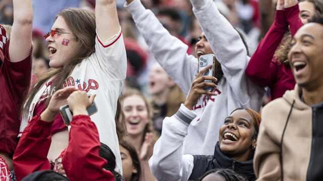People cheering in the stands at Homecoming