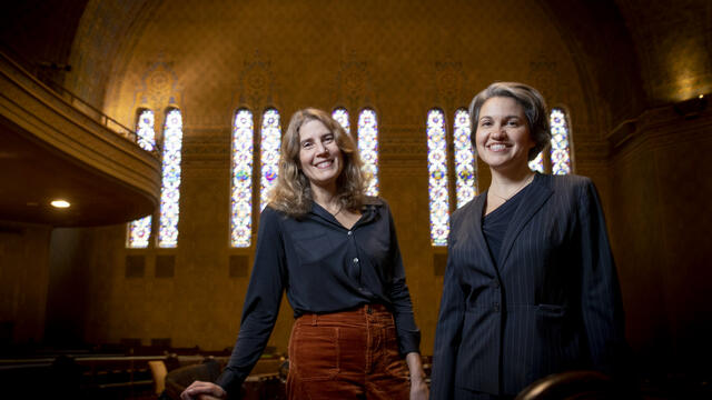 Lila Corwin Berman and Rabbi Jill Maderer inside Rodeph Shalom.