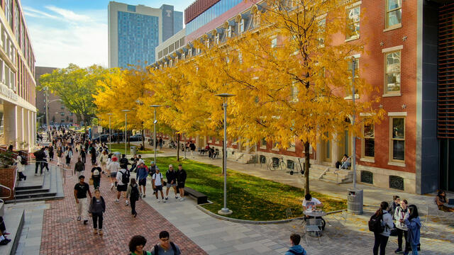 Students walking on Temples Main Campus in the fall