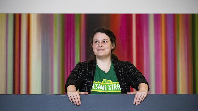 Abby Whitaker pictured in Charles Library.