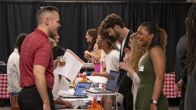 Image of students at a reverse job fair inside Temple s student center.