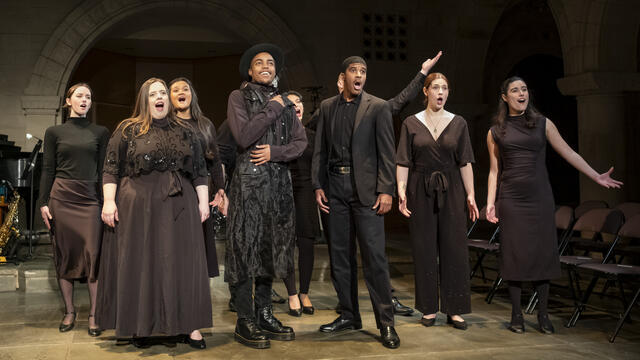 The cast of The Beggar's Trio on stage