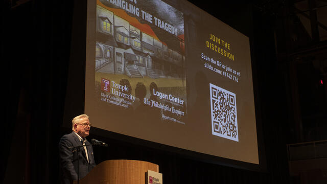 Image of Dean David Boardman delivering remarks at the podcast launch event.
