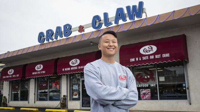 Andrew Min outside the Crab and Claw.