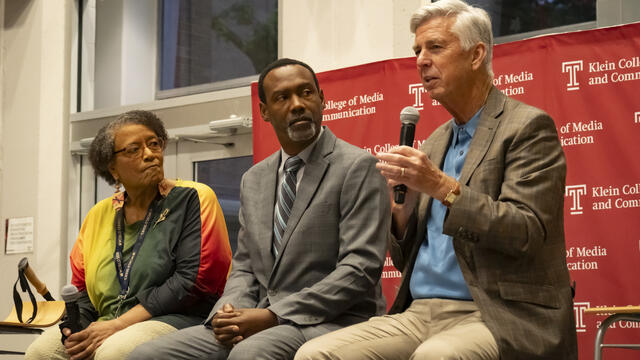 Image of Claire Smith, Doug Glanville and Dave Dombrowski at Wednesday's event.