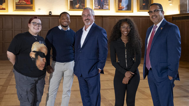 Philanthropist Brook J. Lenfest, Temple Vice President of Enrollment and Student Success Jose Aviles and three students who received scholarships are pictured.