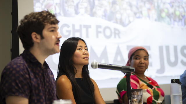 Students on a panel at the Community Showcase