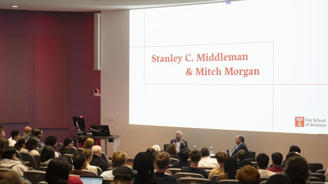 Temple students gather in Alter Hall in a fireside chat with Board Chair Mitchell Morgan, FOX 76, LAW 80, and Stanley Middleman, FOX 76