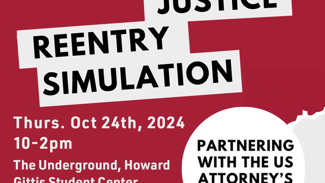 red and white poster with criminal justice reentry simulation written in white