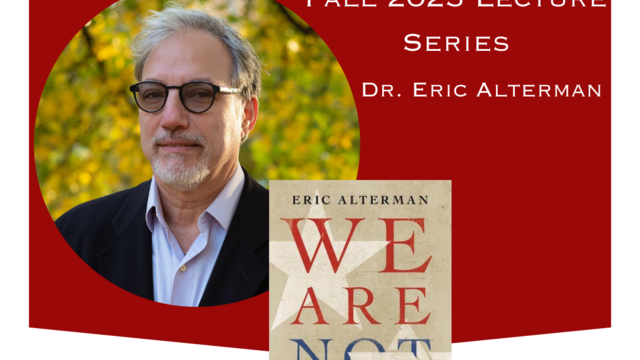 image of Eric Alterman wearing a suit with a picture of his book cover We Are Not One