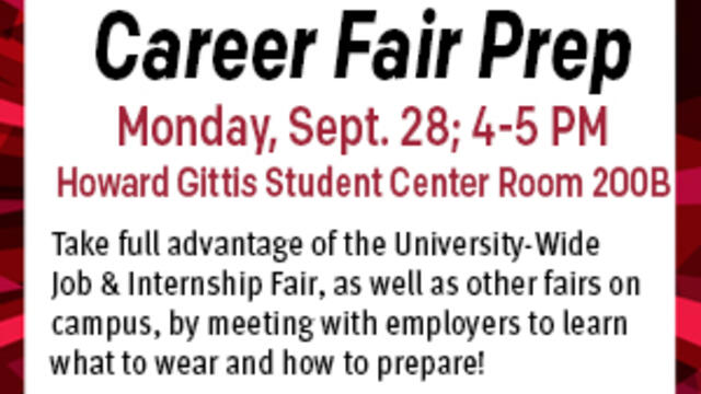 Career Fair Prep, Monday, September 28 at 4 PM in Student Center Room 200B