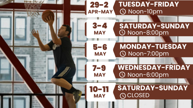 Facility schedule with photo of person playing basketball.