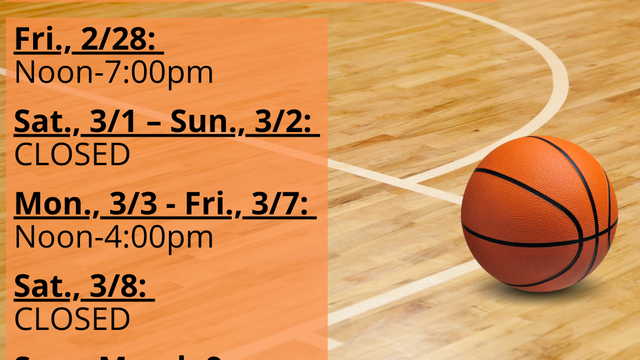 Facility schedule with basketball in background.