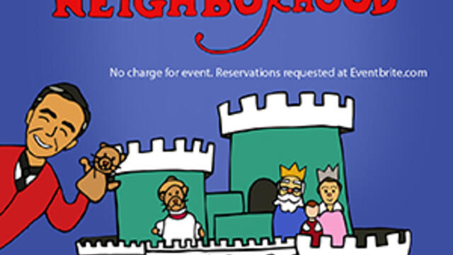 Cartoon of Fred Rogers in his neighborhood of make believe