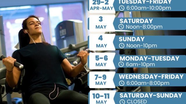 Facility schedule with person working out in background.