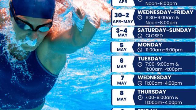 Facility schedule with person swimming.