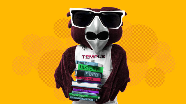 Hooter in sunglasses with books