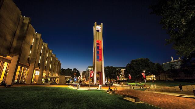 Cherry lights shining from the Bell Tower at night